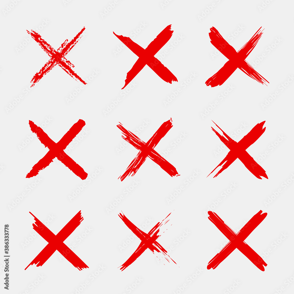 Cross sign. X icon. Red sketch mark. Grunge brush for symbol of wrong, delete, error, cancel and reject. Paint and ink for handwritten. Logo for vote and check. Blood stamp in shape of cross. Vector Cross sign. X icon. Red sketch mark. Grunge brush for symbol of wrong, delete, error, cancel and reject. Paint and ink for handwritten. Logo for vote and check. Blood stamp in shape of cross. Vector