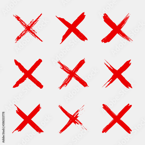 Cross sign. X icon. Red sketch mark. Grunge brush for symbol of wrong, delete, error, cancel and reject. Paint and ink for handwritten. Logo for vote and check. Blood stamp in shape of cross. Vector