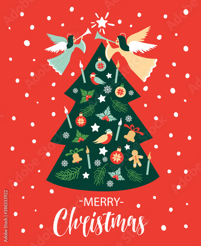 Vector Trendy Christmas card with angel, lettering, christmas tree on bright new yaers red backgeound. Vector design for greeting cards and invitations for your design.