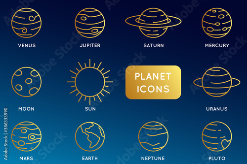 Vector set of linear icons related to planets of solar system. Mono line pictograms and infographics design elements
