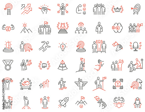 Vector Set of Linear Icons Related to Human Resource, Leadership Traits, Striving for Development, Career Progression and Self-Realization. Mono Line collection icons and Infographics Design Elements