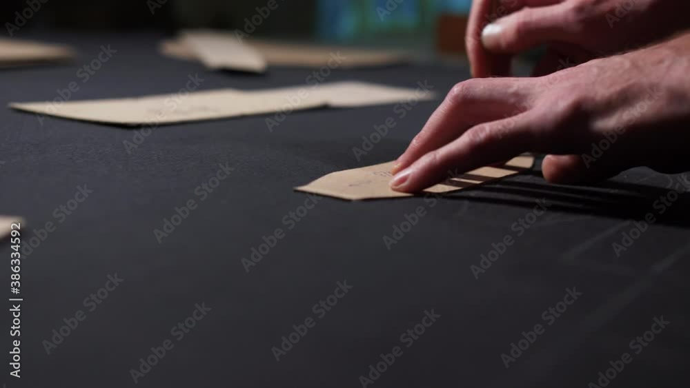 male worker in the atelier makes cutting products. Pattern. manufacture of wearing apparel. Sewing Studio.