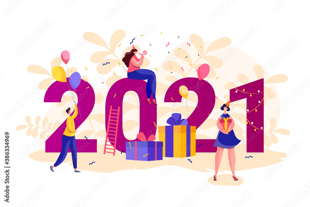New Year Banner 2021. People Around Big Numbers. Flat Style Men and Women Party. Party concept in Cartoon style Vector stock illustration.