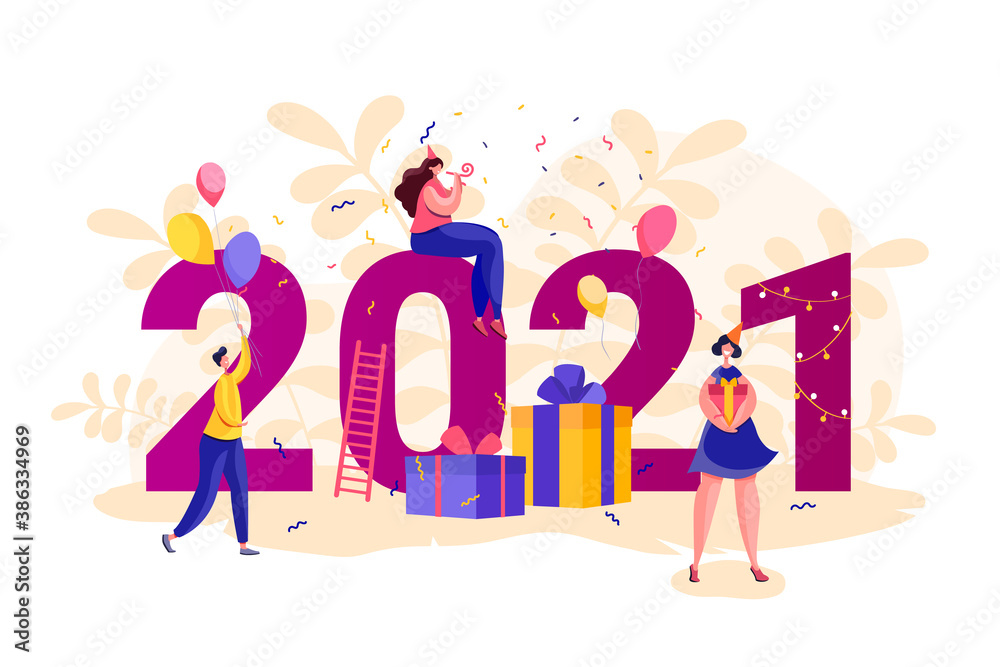 New Year Banner 2021. People Around Big Numbers. Flat Style Men and Women Party. Party concept in Cartoon style Vector stock illustration. New Year Banner 2021. People Around Big Numbers. Flat Style Men and Women Party. Party concept in Cartoon style Vector stock illustration.