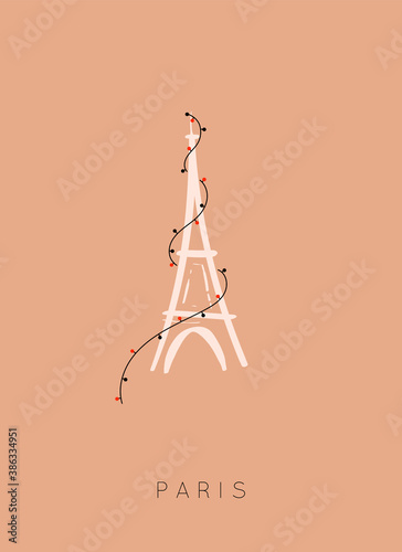 New Years Paris Postcard. Eiffel Tower with lanterns. Flat hand drawn style. minimalistic card on a beige background. vector stock illustration.