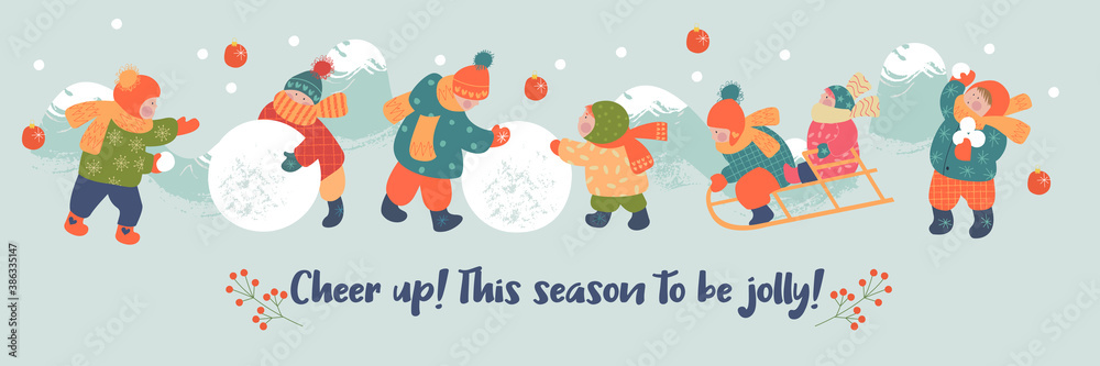 Fototapeta premium Winter season background kids characters. Flat vector illustration. Winter outdoor activities. Children have fun.