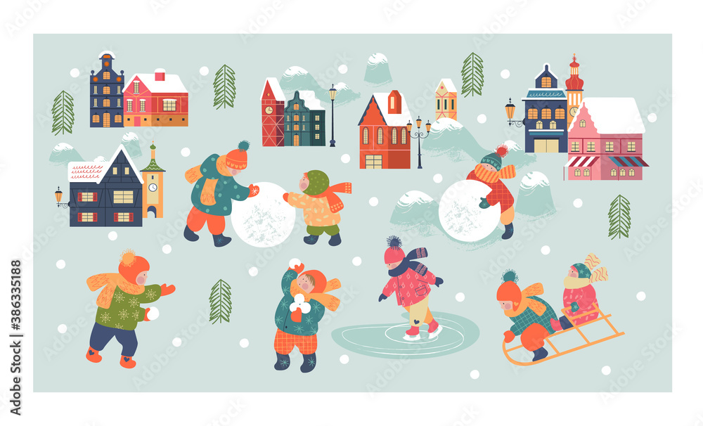 Snowy day in cozy christmas town. Winter christmas village day landscape. Children play outside in winter. Vector illustration, greeting card.