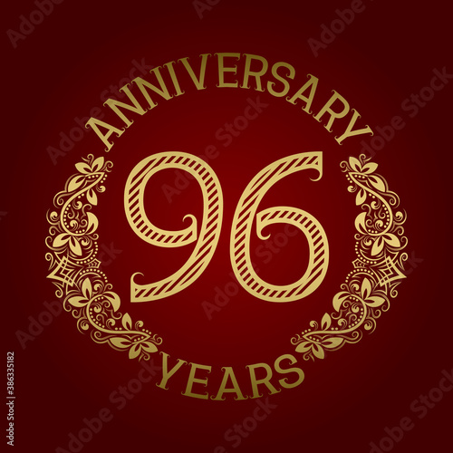 Golden emblem of ninety sixth anniversary. Celebration patterned sign on red.