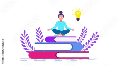 Happy Woman meditating On Stack Of Books - Colorful Animation Illustrations.