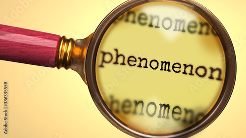 Examine and study phenomenon, showed as a magnify glass and word phenomenon to symbolize process of analyzing, exploring, learning and taking a closer look at phenomenon, 3d illustration