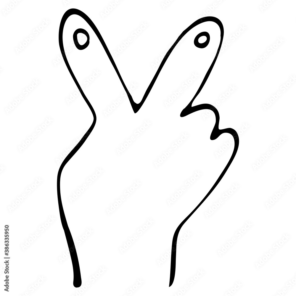 victoria gesture, two fingers up, doodle style vector element, coloring book, isolated object victoria gesture, two fingers up, doodle style vector element, coloring book, isolated object