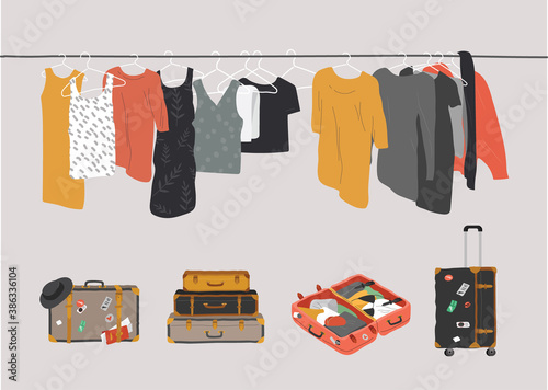 Set of wardrobe stuff. Closet wardrobe furniture inside. Various bag, shoes, cosmetics and trendy clother. Interior things in scandinavian design style. Hand drawn isolated elements. Cartoon