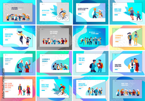 Landing page template with Back to school flat vector illustration. Preteen and teenage schoolkids. Parents with kids, schoolmates, friends cartoon characters