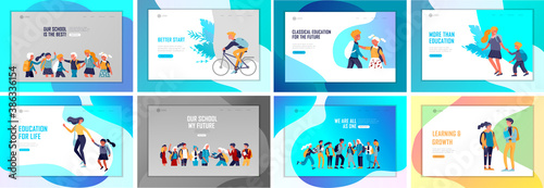 Landing page template with Back to school flat vector illustration. Preteen and teenage schoolkids. Parents with kids, schoolmates, friends cartoon characters