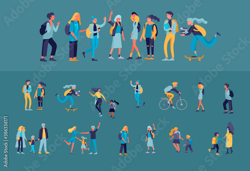 Back to school flat vector illustrations set. Preteen and teenage schoolkids. Parents with kids, schoolmates, friends cartoon characters isolated on white background. Schoolboys