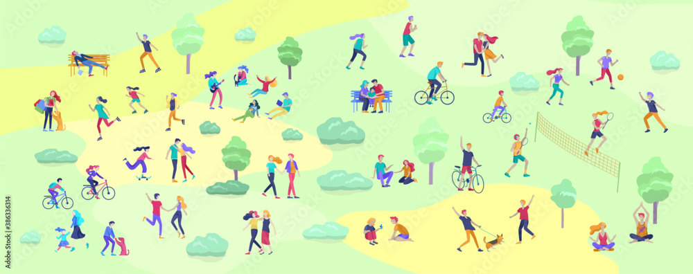 Fototapeta premium People Spending Time, Relaxing on Nature, family and children performing sports outdoor activities at park, walking dog, doing yoga, riding bicycles, tennis workout. Cartoon vector illustration