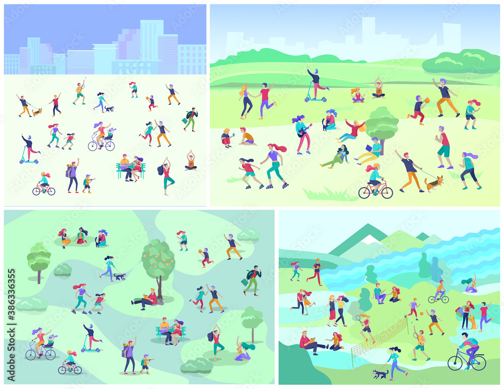 People Spending Time, Relaxing on Nature, family and children performing sports outdoor activities at park, walking dog, doing yoga, riding bicycles, tennis workout. Cartoon vector illustration