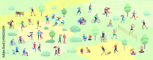 People Spending Time, Relaxing on Nature, family and children performing sports outdoor activities at park, walking dog, doing yoga, riding bicycles, tennis workout. Cartoon vector illustration