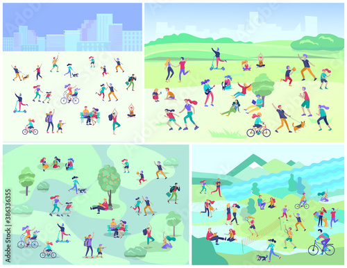 Fototapeta Naklejka Na Ścianę i Meble -  People Spending Time, Relaxing on Nature, family and children performing sports outdoor activities at park, walking dog, doing yoga, riding bicycles, tennis workout. Cartoon vector illustration