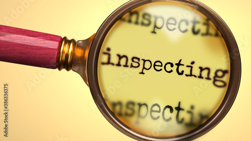 Examine and study inspecting, showed as a magnify glass and word inspecting to symbolize process of analyzing, exploring, learning and taking a closer look at inspecting, 3d illustration