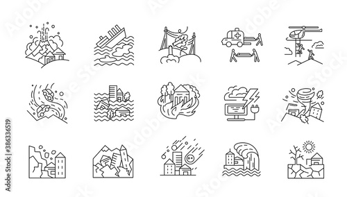 Cataclysms and natural disasters. Vector icon and logo. Editable outline stroke size. Line flat contour, thin and linear design. Simple icons. Concept illustration. Sign, symbol, element.