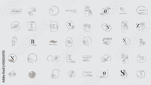 Logo design template in trendy linear minimal style. Vector abstract hands. Abstract symbol for organic products, beauty cosmetics, jewellery and hand crafted.