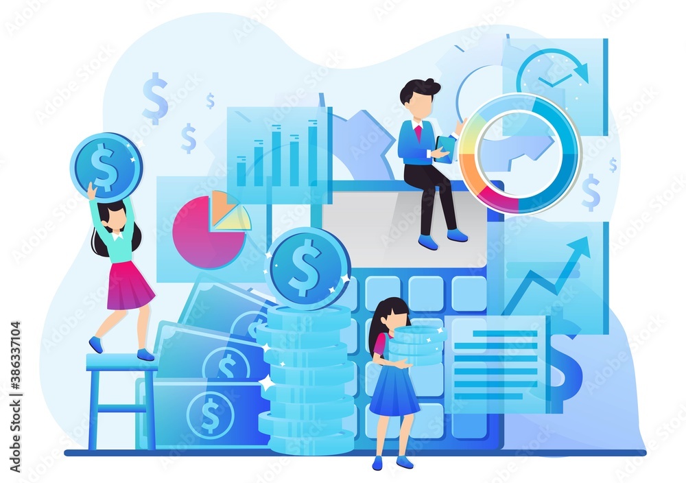 Balance financial value, management and administration concept. Characters, people engineering a plan. Statistic, calculating financial risk graph. Tiny people illustration. Vector illustration