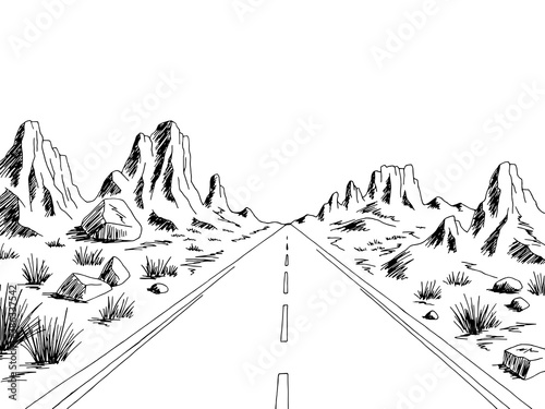 Prairie road graphic black white desert landscape sketch illustration vector