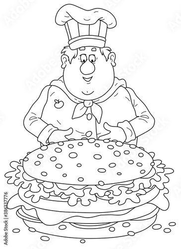 Smiling fat cook in a chef hat, with a freshly grilled, big and tasty hamburger with cheese, a cutlet and greens, black and white outline vector cartoon illustration for a coloring book page