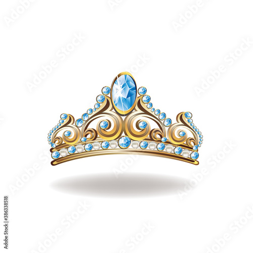 Beautiful golden princess crown with pearls and jewels. Vector illustration on white background.