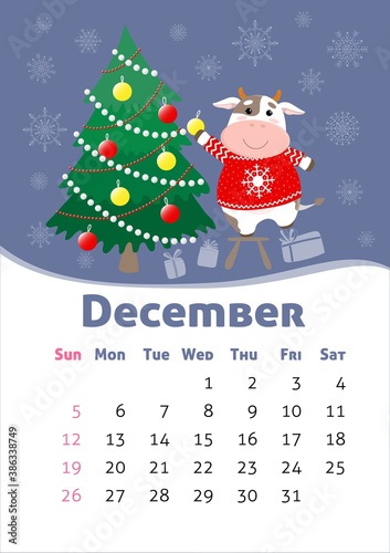 Wallpaper Mural Vector December 2021 calendar. Symbol of new year, cute bull or cow. A4 format for print. Week starts from Sunday Torontodigital.ca