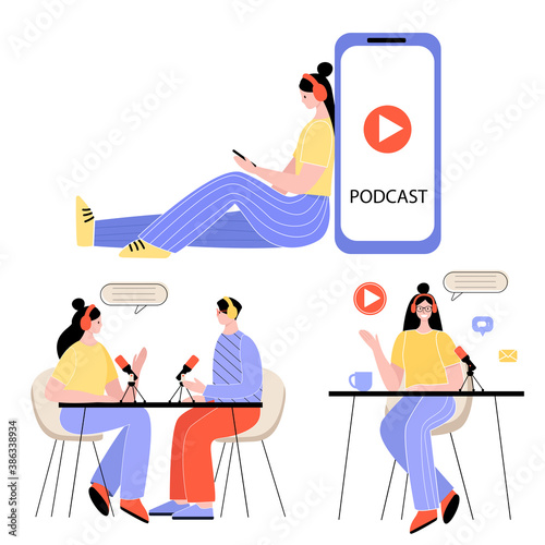 People recording a podcast in the studio. The radio host is interviewing a guest. vector illustration in flat style