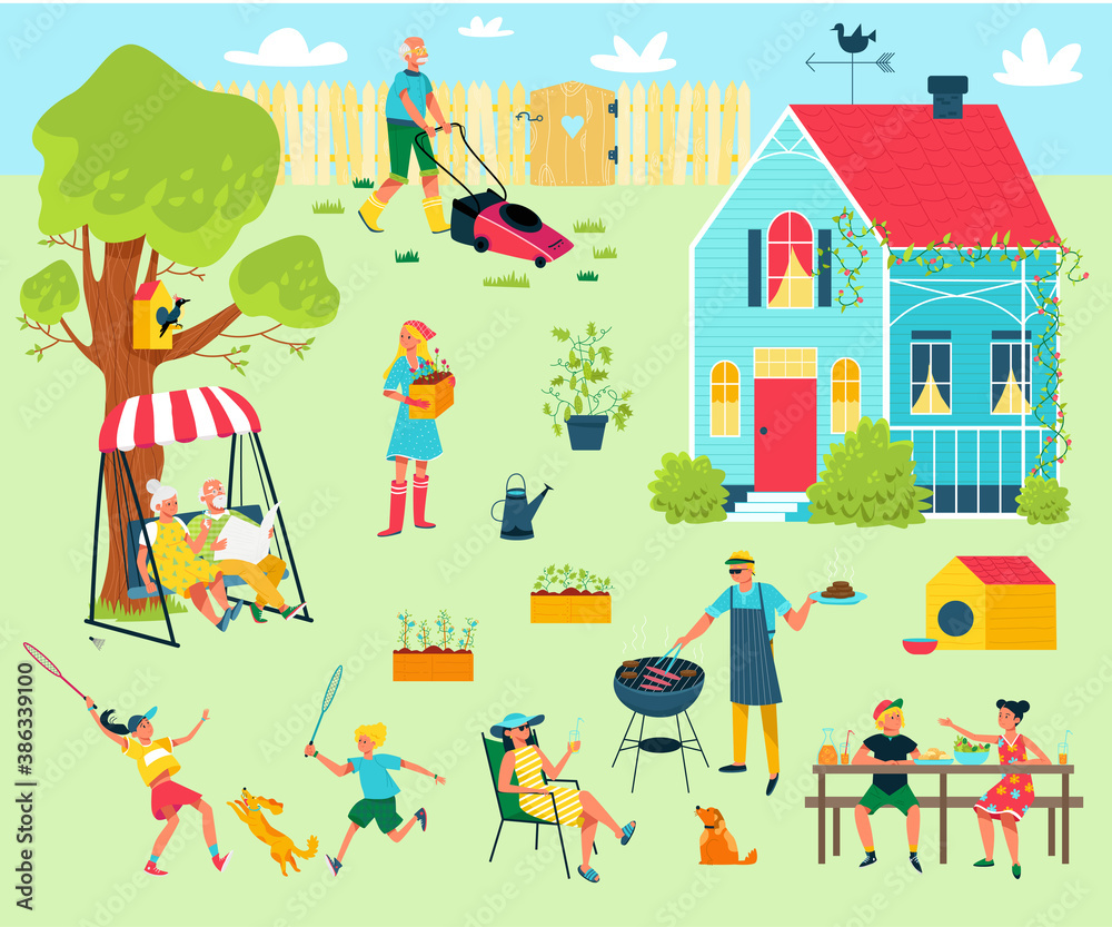 Happy family at backyard party, together grandparents,mother, father and children outdoor near country house vector illustration. Family enjoying bbq, playing tennis, having party in garden.