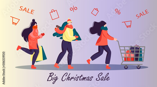 people rush to buy gifts for the holiday. shopping Promotion of special store offers. Markdown program. Vector illustration in flat style