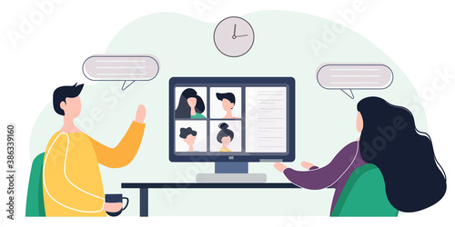 Laptop concept with illustration of a two people participating in a video conference with an application, video calls of men and women together. vector illustration in flat style