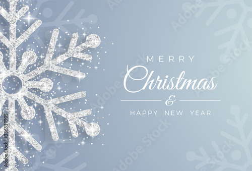 Christmas poster with shiny silver snowflakes on a white background. Vector illustration