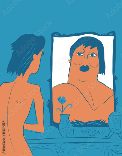 anorexic girl looks in the mirror and sees herself as fat. vector illustration.