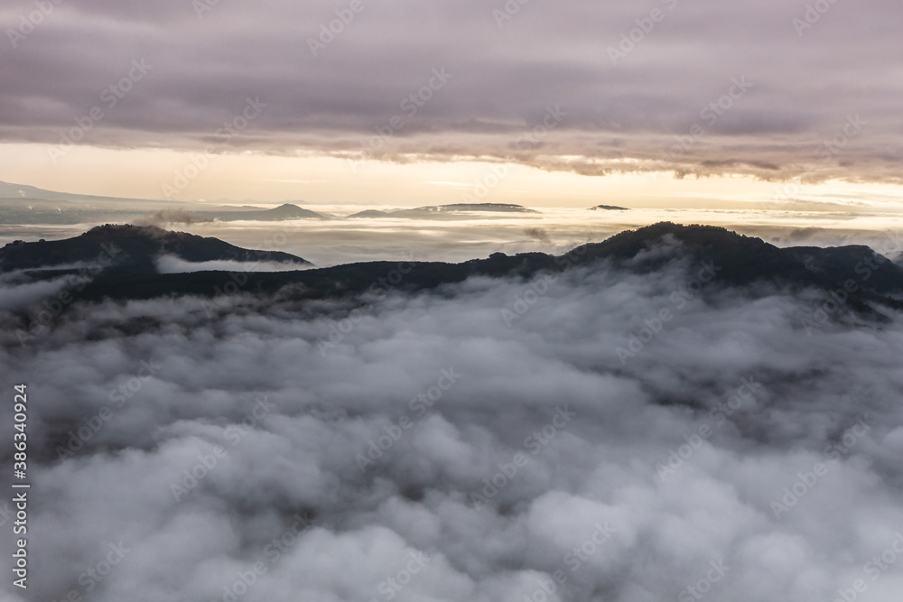 Kamchatka, view from a helicopter at dawn in the mountains