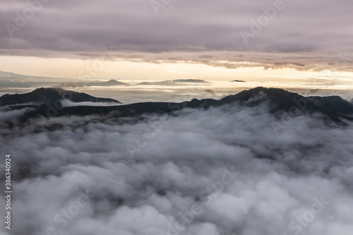 Kamchatka, view from a helicopter at dawn in the mountains