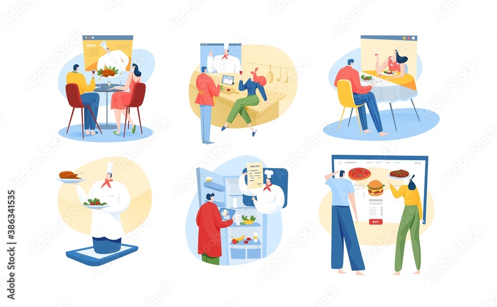 Online restaurant food concept vector illustrations set. Fast delivery food, searching recipes, culinary instructions in internet. Chef cooking online and dinner together in web, menu application.
