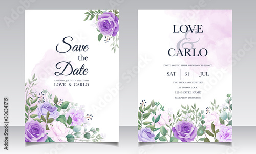 Elegant set of wedding invitation cards with beautiful purple floral