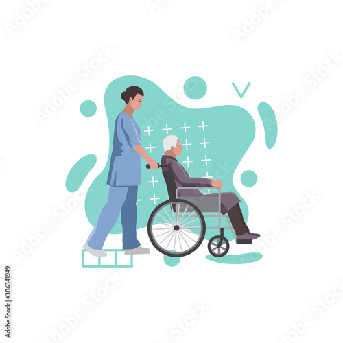 Social, medical worker with old man in a wheelchair