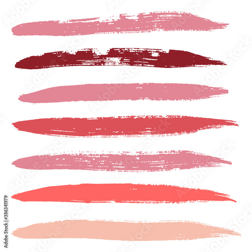 Makeup strokes, Set of lipstick swatches, Beauty and cosmetic nude, pink and red brush smudges vector background. smear make up lines collection, liquid make up texture isolated on white.
