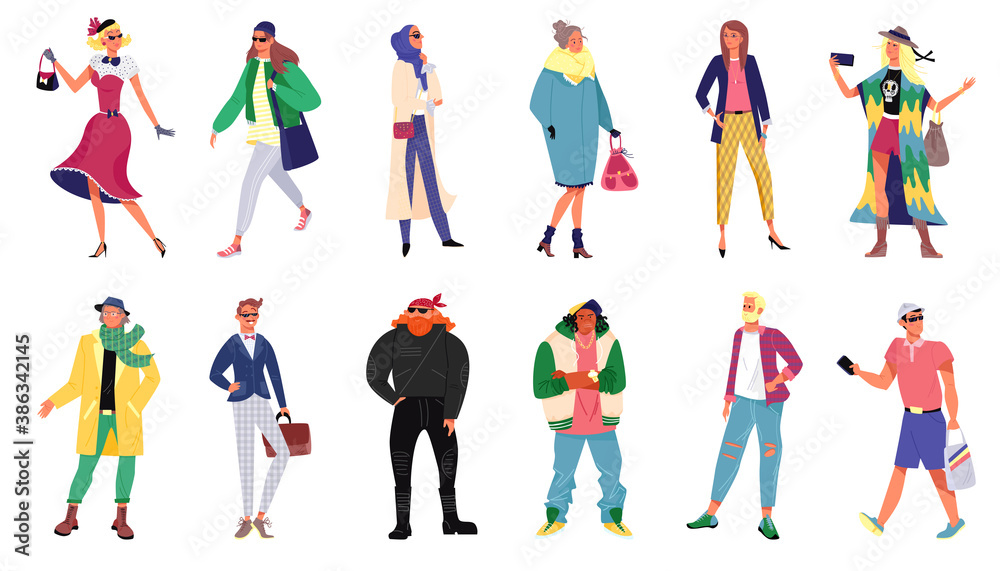 People in stylish outfit collection, set of women and men wearing trendy clothes, isolated vector illustrations. Young fashionable people dressed in outfits, clothing in modern style, casual apparel.