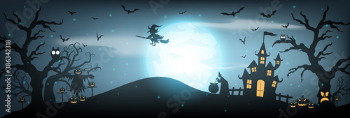 Happy Halloween background with pumpkin ghost, Haunted house with full moon and The witch was casting magic spells and made poison. Template for Halloween party. Vector illustration