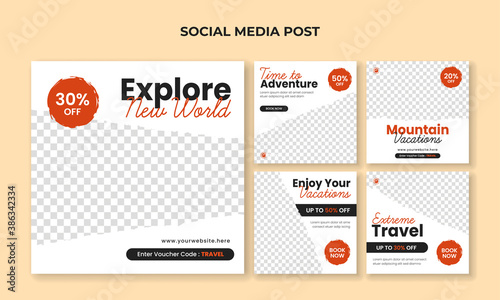 Explore new world social media post template. Travel banner collection