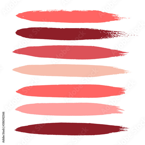 Makeup strokes, Set of lipstick swatches, Beauty and cosmetic nude, pink and red brush smudges vector background. smear make up lines collection, liquid make up texture isolated on white.