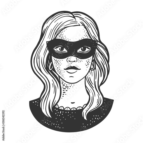 Young woman girl in black masquerade mask sketch engraving vector illustration. T-shirt apparel print design. Scratch board imitation. Black and white hand drawn image.