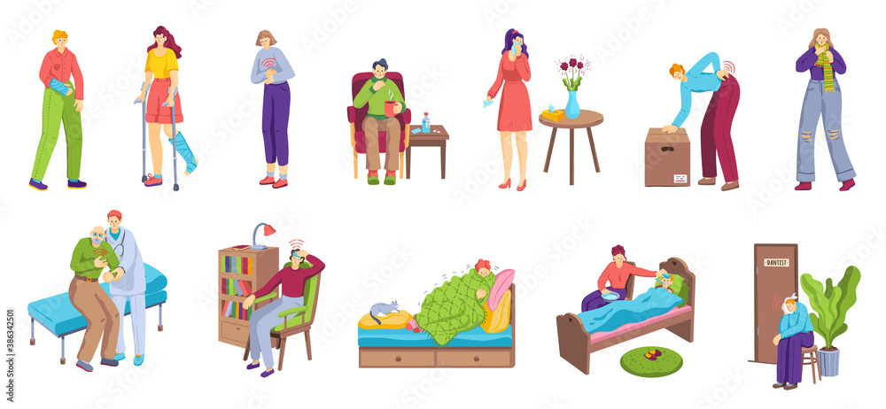 Naklejka premium People with pain, unhappy sick men and women suffering ache or illness, desease or injury set of isolated vector illustrations. Pain in body chest, neck, leg, back or heart, arm. Set of ill people.