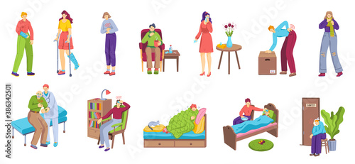People with pain, unhappy sick men and women suffering ache or illness, desease or injury set of isolated vector illustrations. Pain in body chest, neck, leg, back or heart, arm. Set of ill people.